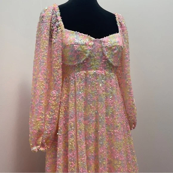 Selkie- Rainbow Sequin Princess Gown Size XS 3/4 Sleeve Sweetheart Maxi Dress - Picture 3 of 16